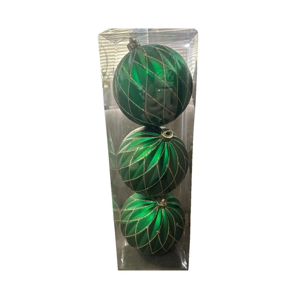 Boxed Basics 3 Large Green And Gold Glitter Ornaments 150mm